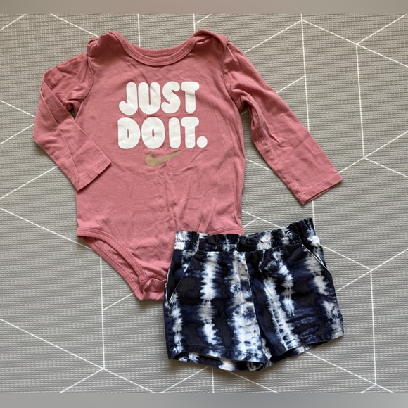 Nike Other - Nike|Baby girl/toddler set,mauve Pink "Just Do It” Bodysuit & Navy Tie-Dye Short